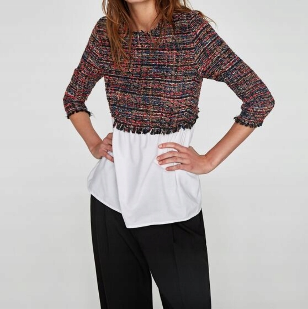 Zara Blouse Tweed Boucle White Peplum Hem Top Blouse Size XL Dark Academia